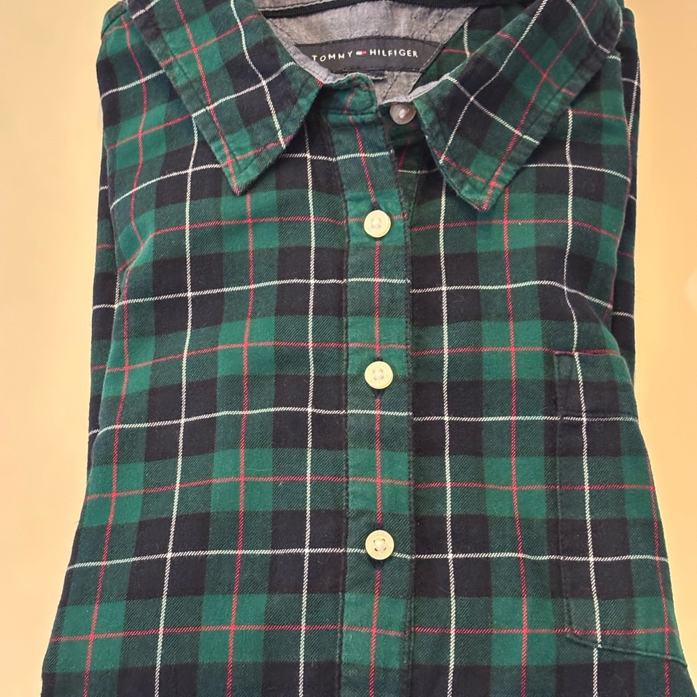 Tommy Hilfiger Women’s Green and Blue Plaid quarter button Shirt